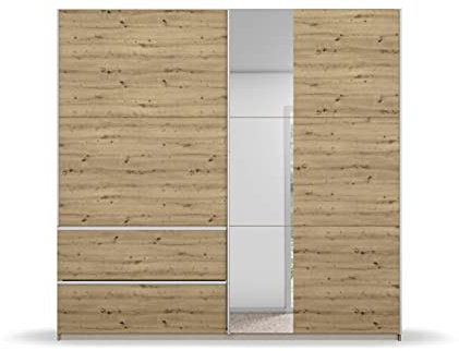 Rauch Möbel Sevilla Schrank Kleiderschrank Schwebetürenschrank, Eiche Artisan, Holz, Griffleisten alufarbig, 2-türig mit Spiegel, inkl. 2 Kleiderstangen, 2 Einlegeböden BxHxT 218x210x59 cm