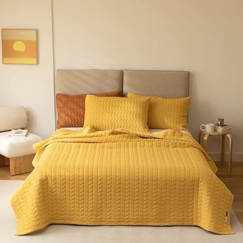 Lunoroey Tagesdecke für Doppelbett, weiche Mikrofaser, leicht, gesteppt, Tagesdecken, Decken, Ganzjahres-Bettwäsche-Set (1 Steppdecke, 2 Kissenbezüge), Gelb