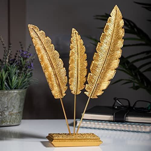 Bamyum 3er-Set Feder Skulptur Modern Deko für Wohnzimmer, Schlafzimmer, Tischdeko, Schreibtisch, Regal, Bücherregal, Esstisch - Statue Golden Aesthetic Figuren