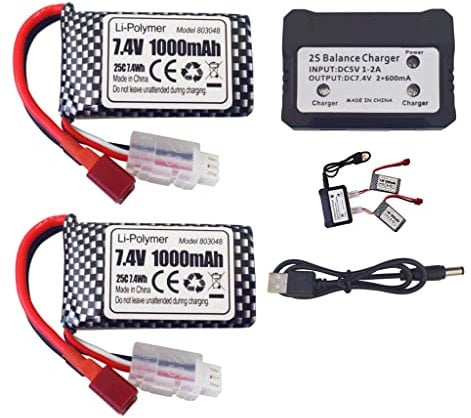 2PCS 7.4V 1000mah T-plug Lithium Battery with 2 in 1 Charger for 18858 18859 18859A 18859E HM163 HM164 35-DJ03 35-DJ04 SN-DJ02 16889 16889A 16890 2845 2846 Q901 drone Q902 Q903 RC car