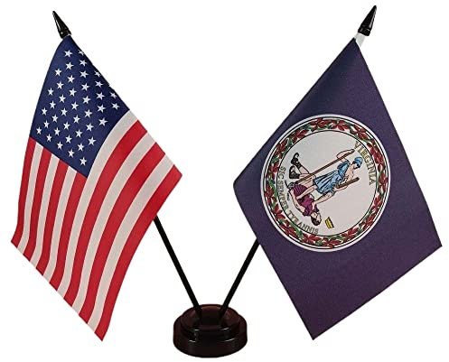 Amerika & Virginia Twin Desk Flagge, US Virginia Tischflaggen, 8 x 5 Zoll American & Virginia Deluxe Schreibtischflaggen-Set – Miniatur USA & Virginia Stick Flagge mit Flaggenständer