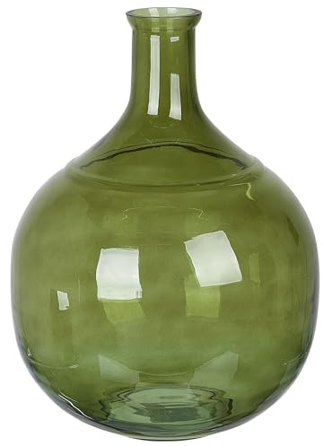 Decorative Flower Vase 34 cm Handmade Glass Round Narrow Neck Olive Green Achaar