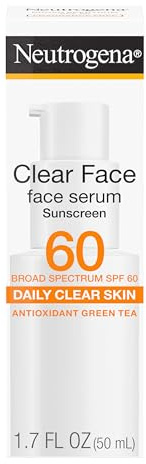 Neutrogena Clear Face Serum Sunscreen with Green Tea, Broad Spectrum SPF 60, Non-Comedogenic Face Sunscreen for Lightweight UVA/UVB Protection, Oxybenzone- & Fragrance-Free, 1.7 fl. oz