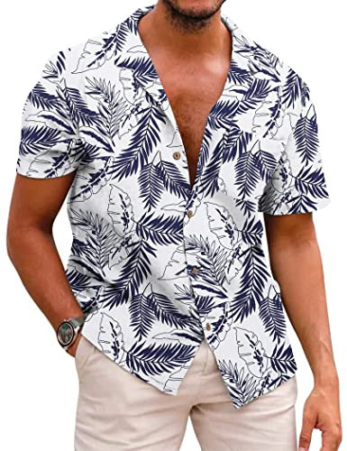 COOFANDY Men Hawaiian Button Down Shirt Short Sleeve Regular Fit Floral Aloha Shirt Black-White XXXL