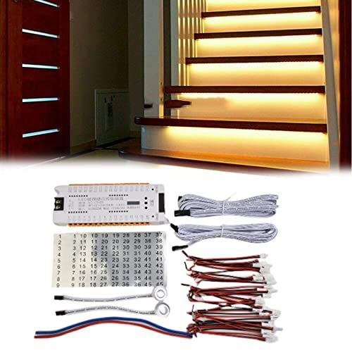 LED Treppenbeleuchtung mit Bewegungssensor, 12V/24V Bewegungssensor Treppenlicht Kit 32 Kanal Dimmen Licht mit LED Lichtinduktionsregler, für drinnen, zuhause, Hotel, Automatische Treppensteuerung