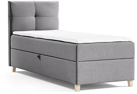 Boxspringbett Candy Mini mit Bettkasten und Topper - Jugendbett, Kinderbett, Einzelbett mit Bonell-Matratze und Topper, Bett mit Holzfüße (Grau (Soro 90), 100 x 200 cm)