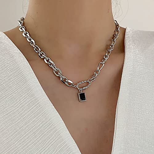 TseenYi Schwarze Quadratische Halskette Silberne Panzerkette Choker Halskette Quadratischer Anhänger Halskette Punk Klobige Halskette Kette Gliederkette Kettenschmuck Für Frauen Und Mädchen Geschenke