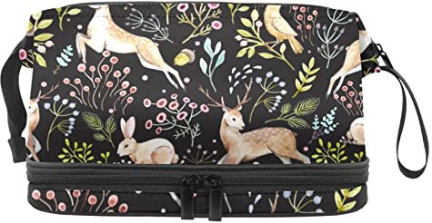 Unisex Kulturbeutel Reise Dopp Kit, Aufbewahrungsbeutel mit Griff für Kosmetik Toilettenartikel Bürsten Werkzeuge,Pastorable Frühlings Blumen Tier Kaninchen Rotwild Vogel
