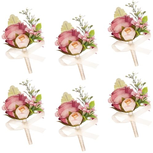 AuroraAria Dusty Rose Boutonniere for Men,Set of 6,Groom Boutonniere for Wedding,Anniversary,Homecoming,Formal Dinner Party,Wedding Decor,Artificial Dusty Rose Rose