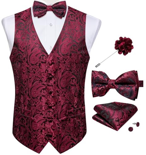 DiBanGu Herrenweste mit Paisleymuster, Fliege, formelles/lässiges Kleid | Weste für Herren, Seidenmischung, knitterfrei, langlebig, maschinenwaschbar, für Smoking, Hochzeit, Party, Abschlussball