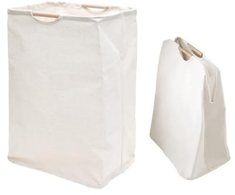 2 Stück Wäschekorb Faltbarer Wäschesammler Weiß Wäschekorb Schmal mit Henkel Holzgriff Oxford-Gewebe Wäschekorb Groß, Laundry Basket für Schlafzimmer, Bad, Schlafsaal, Kinderzimmer, Reise