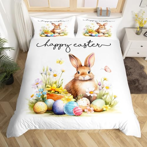 Nette Kaninchen Bettbezug Set M Größe,Glückliche Ostern Tröster Abdeckung Aquarell Ei Floral Bettwäsche Set Kinder Frauen Teens Zimmer Dekor,Natur Tiere Pflanzen Frühling Quilt Cover,1 Kissenbezug