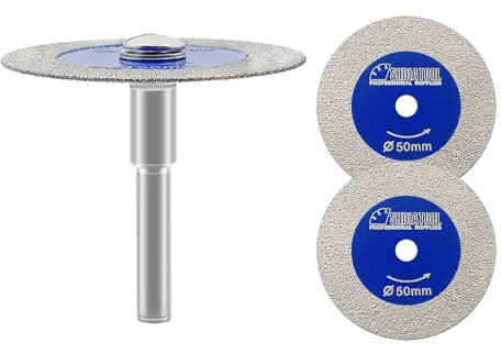 SHDIATOOL Diamant-Glas-Trennscheibe, 3 Stück 50mm Mini-Diamant-Sägeblätter mit 1 Stück 6mm Schaft für Fliesen Keramik Porzellan Marmor Granit Kunststein auf Bohrmaschine 3er-Pack