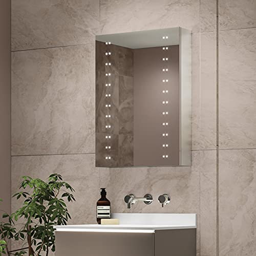 Illuminated Bathroom Mirror Cabinets with Lights 500x700mm IP44 Rated - Hollis Mirror Bathroom Cabinet with Shaver Socket, Concealed Heated Demister Pad, & Motion Sensor, Shaver Lights for Bathrooms