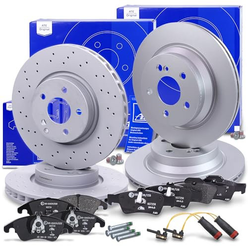 ATE Bremsenset inkl. Bremsscheiben vorne Ø 322 mm belüftet gelocht + hinten Ø 300 mm belüftet und Bremsbeläge vorne + hinten und Warnkontakt Kompatibel mit MERCEDES E-Klasse (W212) (S212)