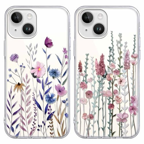 Coiwxmoi 2 Stück Blumen Handyhülle für iPhone 14 / iPhone 13 Hülle, Transparent Aesthetic Muster Handyhülle für Mädchen Frauen Durchsichtig Weich Silikon TPU Stoßfest Schutzhülle für iPhone 13 6,1