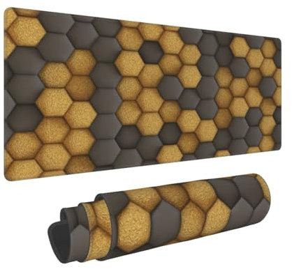 Cute Bee Beehive Honeycomb Fun Cool Yellow Grey Large Mouse Pad, Extended Big Keyboard Mouse Mat, Long Computer Gaming Mousepad for Home Office Work Desk Stitched Eges Non-Slip Base Mouse Pads Mat