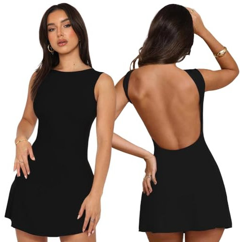 Women's Backless Dresses Round Neck Sexy Sleeveless Mini Dress Short Dress Basic Bodycon Party Club Slim Fit Tank Dress (UK, Alpha, S, Regular, Regular, Black)