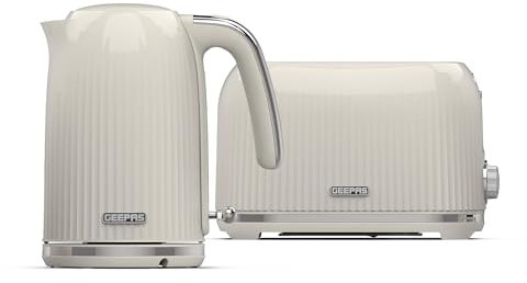 Geepas 2 Slice Bread Toaster & 1.7L Cordless Electric Kettle Combo Set – 1750W Toastie Machine with 7 Browning Control - 3000W Kettle with Auto Shut Off & Boil Dry Protection, Cream