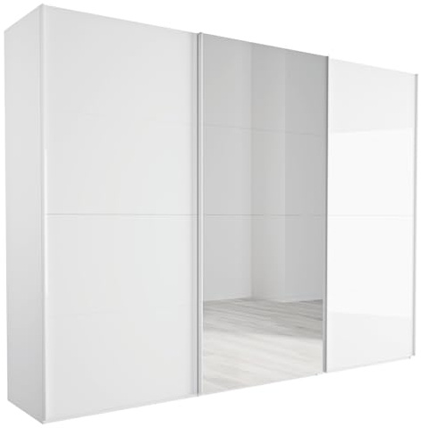 Composad Armoire à 3 Portes coulissantes Dont 1 Miroir de la Ligne système, Armoire Chambre à Coucher, Grande et Moderne, (LxHxP): 304,2 x 222,6 x 67,1 cm, Couleur Blanc laqué, fabriqué en Italie