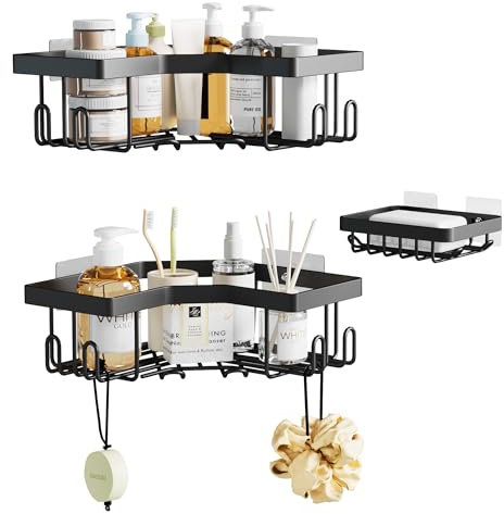 Honsdom Etagere Douche d'angle sans Percage, 3 Pièces Rangement Salle de Bain, Adhesive Étagère Douche sans Perçage avec Porte Savon Douche et Crochets, Support Gel Douche Salle de Bain (Noir)