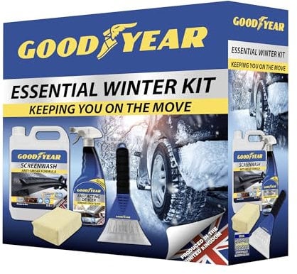 Goodyear Essential Winter Kit - 5L Anti-smear formula Screenwash| Fast acting de-icer| Demister pad and Ice scraper| Complete Winter Driving Solution| Durable & Compact| Ideal for Safe Winter Travel