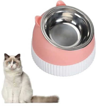 Raised Cat Bowl, Raised Bowl 15° Tilted Anti Slip Plastic Slower Feeder Cat Food Dual Bowls for Cats and Puppy for Cats and Puppy (Rose)