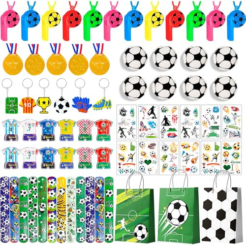 Generisch Gadget Calcio Compleanno Bambini，96pcs Calcio Festa Regalo Includere Braccialetti Slap Portachiavi Medaglie Adesivi etc per Ragazzi Ragazze Tema Calcio Festa
