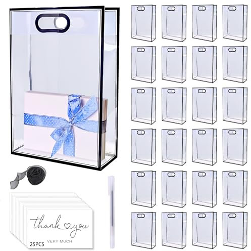 WATUNID 25PCS Transparente Geschenktüten mit Griffen, 25CMx18CMx9CM Durchsichtige Geschenkbox mit Schleife und 50 Dankeskarten, Rechteck Tote Bag Party Gunst Taschen für Valentines Hochzeit Party