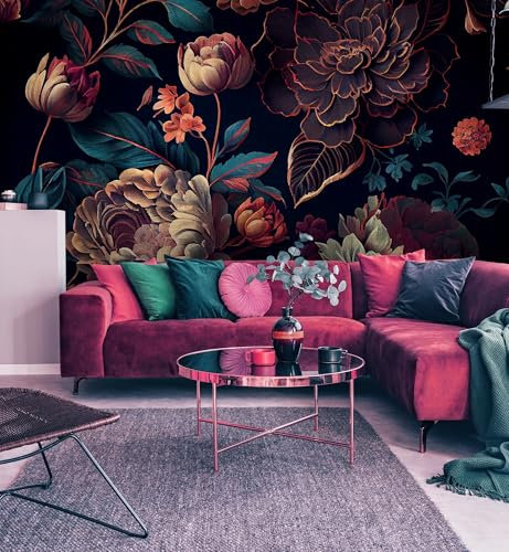 Fototapete Wohnzimmer Floral Dunkel, 400 * 280cm Tapete Wandtapete Klebefolie Dekorfolie Tapetenfolie Wand Dekoration Wandaufkleber Wohnzimmer