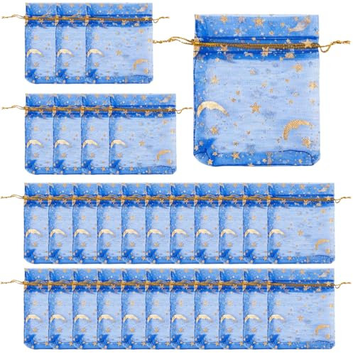 LJFEA 30 Stück Organzasäckchen, 7 x 9cm Organzabeutel Geschenkbeutel mit Kordelzug Bunt Schmuckbeutel Geschenkverpackung für Weihnachten Hochzeit Geburtstag Party (Blaue Heißprägung)