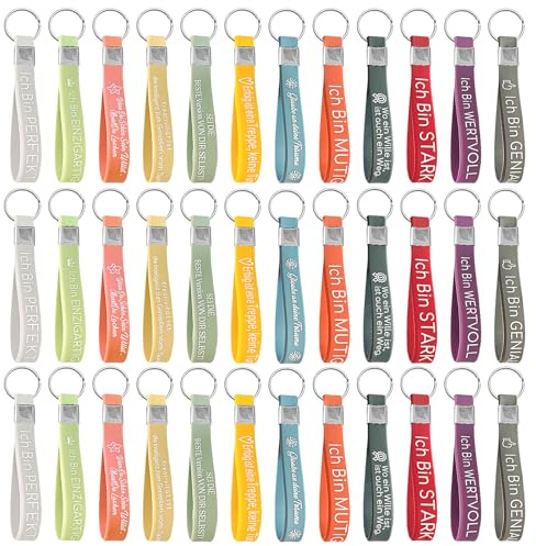 GOTRUST 36pcs Inspirierenden Schlüsselanhänger Silikon, Schlüsselanhänger Positive Sprüche auf Deutsch, Motivierende Armbänder Gummi, Ermutigung Geschenk für Mitarbeiter Kollegen Teenager Lehrer