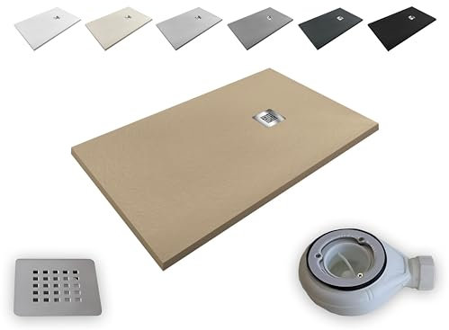 Receveur de Douche en Résine Allégée Extra-plat Aligeres - Toutes les dimensions disponibles - Antidérapant Texture Ardoise - Siphon et Grille Inclus (MOKA RAL 1001, 80x90)
