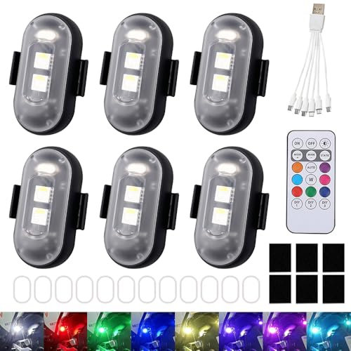 DAJASD 6 Stück Strobe Drone Ligh, 8 Farben Kabellose Led Lichter, Strobe Drone Light, LED Flugzeug Blitzlichter mit Fernbedienung, USB-Aufladung Antikollisionslichter für Drohne, Motorrad