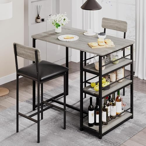 Danonlly Esstisch Bartisch Set mit 2 Stühlen, Theken Küchentisch Barhocker Esszimmertisch Set aus Metall und MDF mit 3 Ablagen für Aufbewahrung für Esszimmer Küche, 91.6 x 50 W x 91.6 cm (Grau)