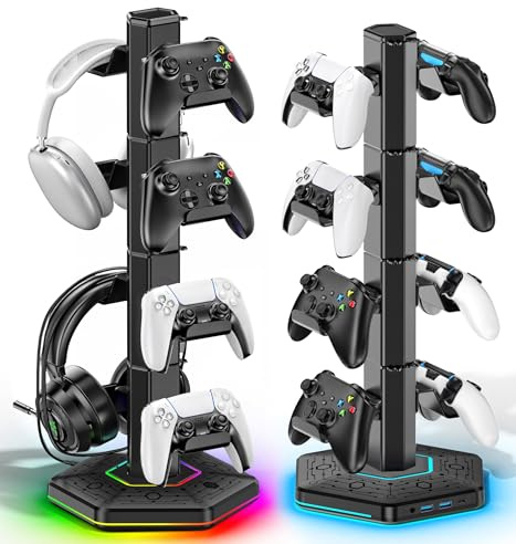 OIVO VGA DESIGN 4 Tier Supporto per Controller RGB con 9 Modalità di Illuminazione, Supporto Cuffie Gaming con 2 Porte USB 3.0 e Organizer per Cavi, Stand per Cuffie, Nero