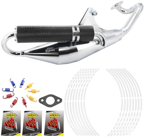 Area1 Sport Auspuff Set Tecnigas Q-Tre Carbon-Optik Schalldämpfer passend für liegende 50ccm 2Takt Peugeo. Motoren z.B. Speedfight 3 Speedfight 4 JetForce C-Tech + Gratis Tuning Zubehör