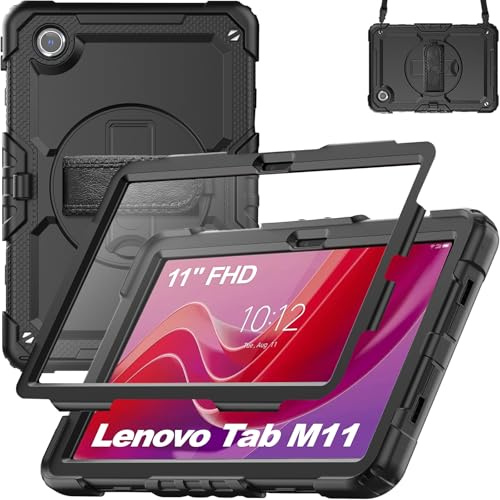 Funda para Lenovo Tab M11 (11 pulgadas) 2024 Tablet TB330FU/331FC Soporte giratorio 360° y correa de mano, correa para el hombro, soporte para bolígrafo (negro)