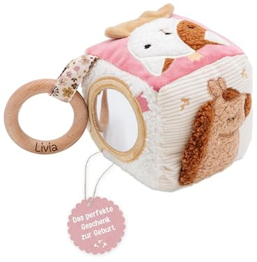 wunderwunsch Jollein Stoffwürfel personalisiert, Spielwürfel Baby | Greifling mit Würfel und Holzring zum Greifen, bunt, mit Spiegel, Stickereien, Stoffstrukturen