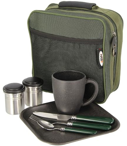 Camping Geschirr Set für 1 Person Set für Angeln Zubehör Besteckset mit Tragetasche Survival Outdoor Edelstahlbehälter, Becher, Messer, Gabel, Löffel, Teller