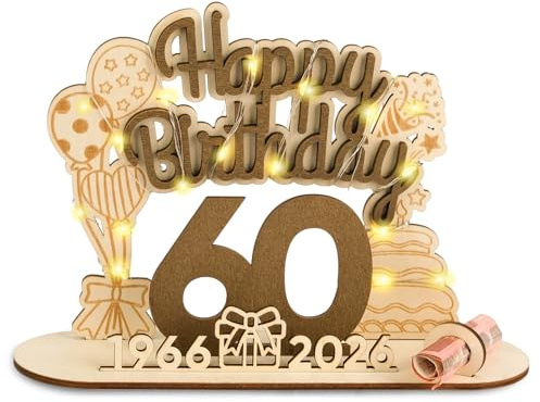 ARTREE Originelle 2026 Geburtstag 60 Geschenk Frau Mann 1966-2026, 60 Geldgeschenke Geburtstag, Holz-Schild Gästebuch mit LED Lichterkette - 60. Geburtstag Frauen & Männer Geschenk Geburtstag Deko