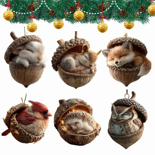 Waldtiere Eichels Ornaments, Gemütliche Waldweihnachtsdeko, Neue Tannenzapfen Weihnachtsdekorationsanhänger, 2D-Acryl Waldtier-Eicheln Dekoration für Partys (O-6Stück)