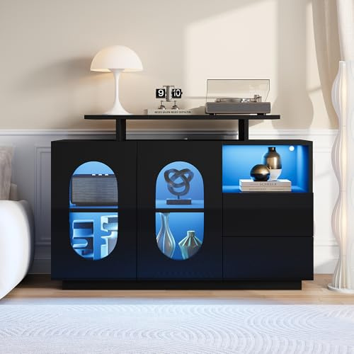 Elegantes Schwarz LED-Sideboard mit ovalen Glastüren und Hochglanzfront – vereint modernes Design mit praktischem Stauraum.Ideal als Vitrine,Anrichte oder Minibar für stilvolle Wohnräume.