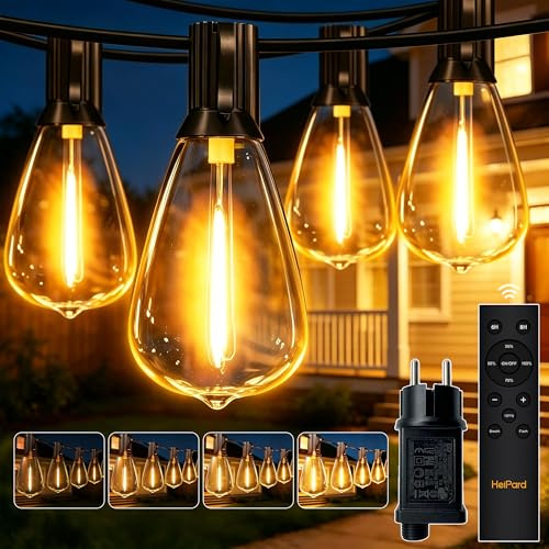 HeiPard LED Lichterkette Außen Strom 15M mit Fernbedienung, ST38 Gartenbeleuchtung mit 25+2 Glühbirnen, Timer & 3 Modi, IP45 Wasserdicht Warmweiß Outdoor lights für Terrasse, Balkon, Party Deko