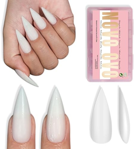 NOVO OVO Medium Long Stiletto Nail Tips (Milky White) Pure Color Sharp Pointed Soft Gel Fake Nails, Pre-Colored Full Cover Press Ons for Acrylic Extension, 16 Sizes (224 Pcs)