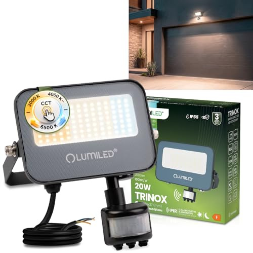 Lumiled LED Strahler Außen 20W 2000lm CCT 3000K 4000K 6500K mit Bewegungsmelder Dämmerungssensor IP65 Wasserdicht Fluter Außenstrahler Garten Garage Hof Wandstrahler Aluminium Grau