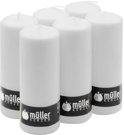 Müller Kerzen Stumpenkerzen Set, Weiß, 180 x 70 mm, 60 Stunden Brenndauer, Sicherheitsdesign, 6er-Pack
