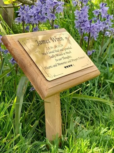 Personalised Oak Memorial Garden Plaque, Brass Effect Plate, Wooden Stake Marker