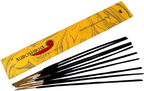 Auroshikha Räucherstäbchen - Indische Aromadüfte, Fresh Lemon Incense | Handgefertigte Räucherstäbchen, 10 g Packung, traditionelle Herstellung, sozial verantwortlich, aus dem Sri Aurobindo Ashram.