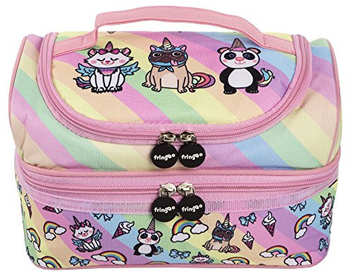 Fringoo® Multi-Compartment Kids Lunch Bag Thermal Insulated Cooler Bag School Nursery Double Decker Food Snacks Carrier (Unicorn Team)